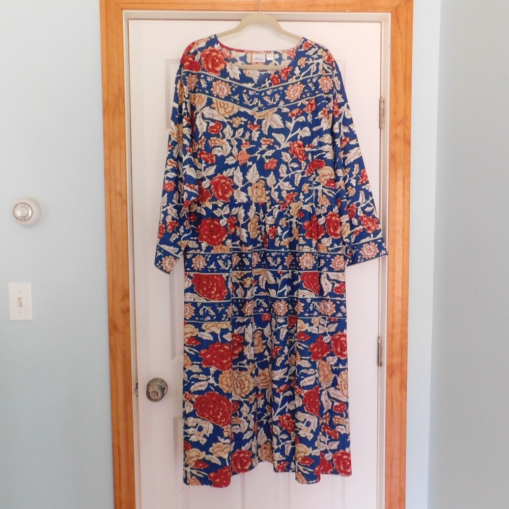 NEW Womens Dress Muumuu Patio Blue and Rust Floral 3/4 Sleeves Cotton Size 3X